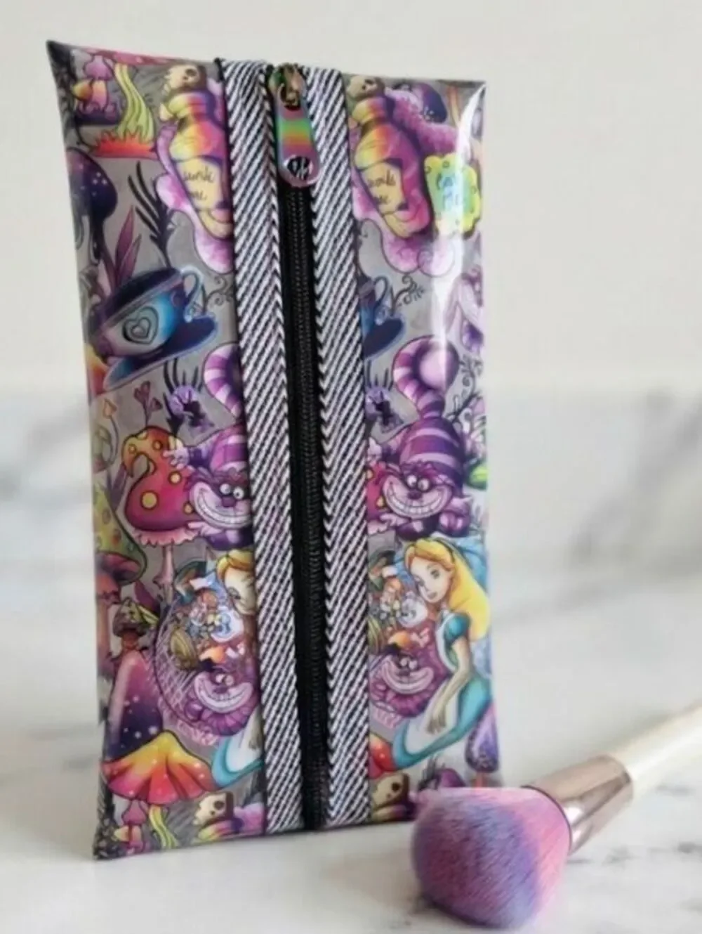 Clear purple tea party strip cat, makeup brush pouch